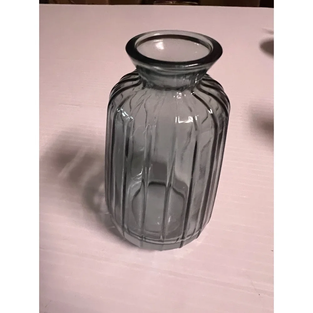 Set of 3 Ribbed Glass Bud Vases Pink Grey Teal Blue Small Flower Vases Decor